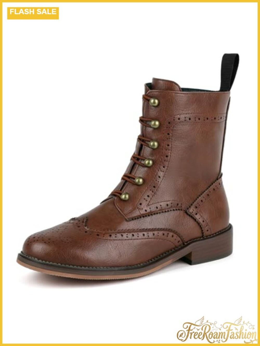 SoundSky Leather Wingtip Brogue Lace-Up Ankle Combat Boots with Gold-Tone